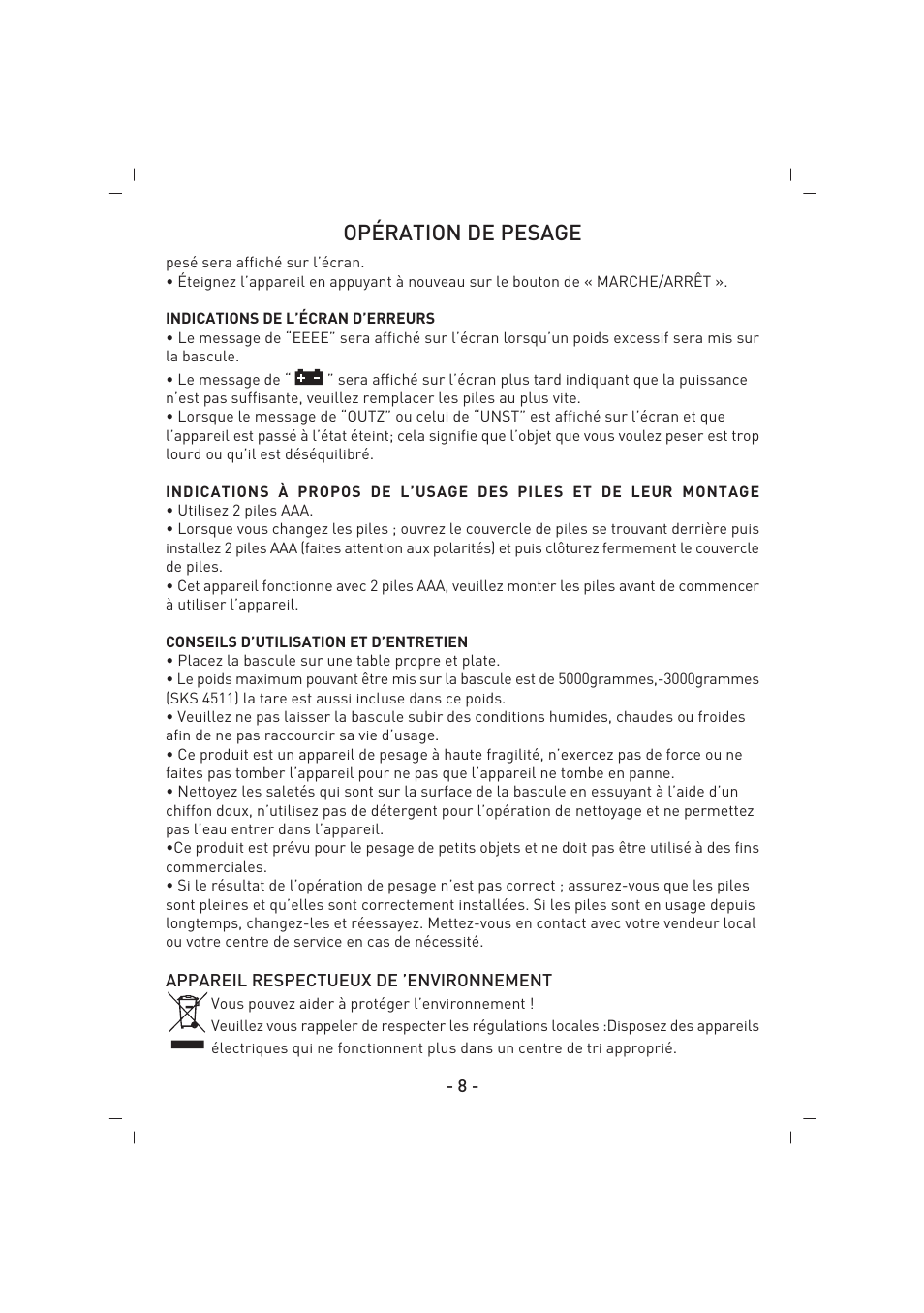 Opération de pesage | SINBO SKS 4513 User Manual | Page 9 / 28