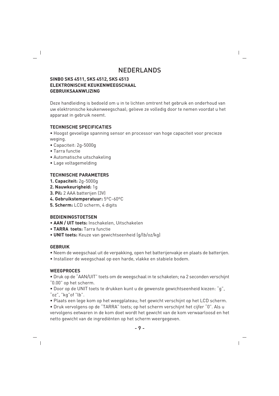Nederlands | SINBO SKS 4512 User Manual | Page 10 / 28