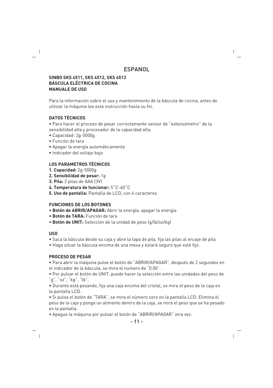 Espanol | SINBO SKS 4512 User Manual | Page 12 / 28
