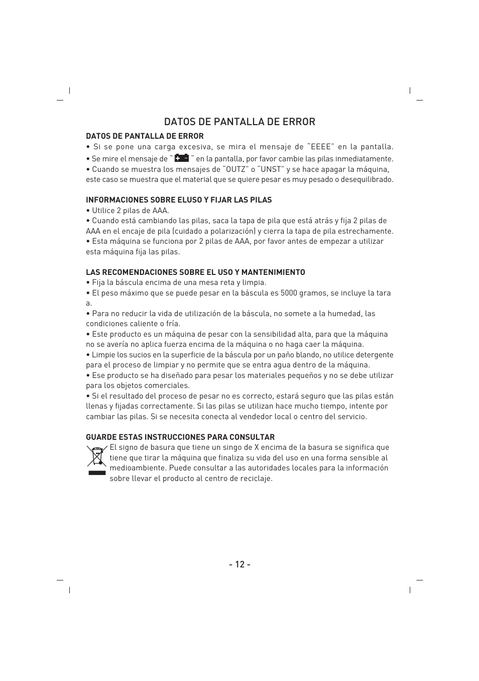 Datos de pantalla de error | SINBO SKS 4512 User Manual | Page 13 / 28