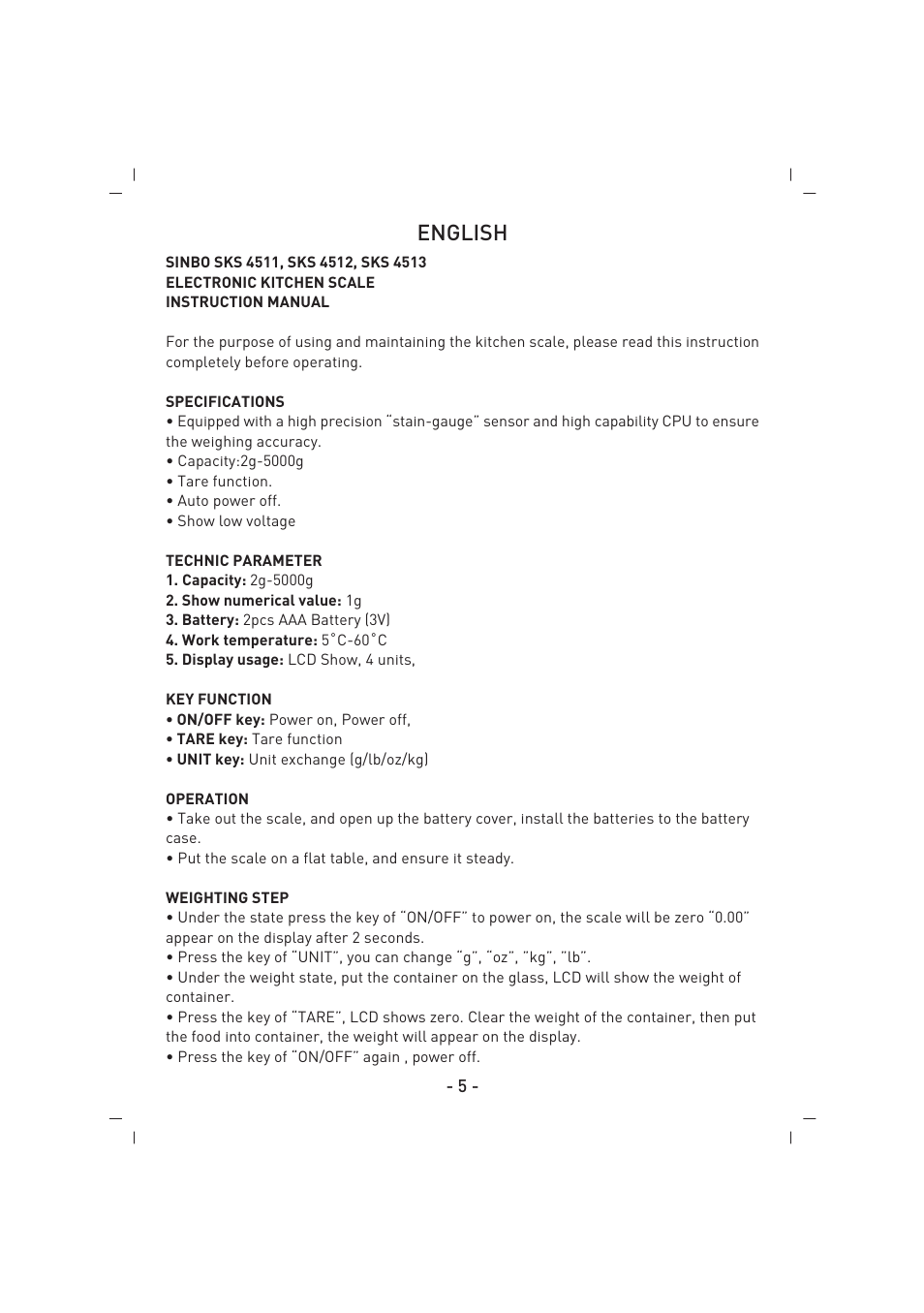 English | SINBO SKS 4512 User Manual | Page 6 / 28