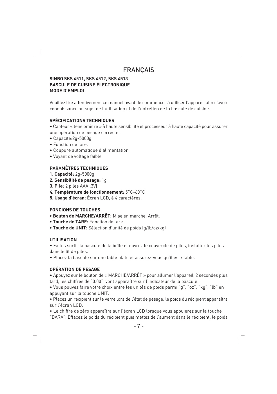 Français | SINBO SKS 4512 User Manual | Page 8 / 28