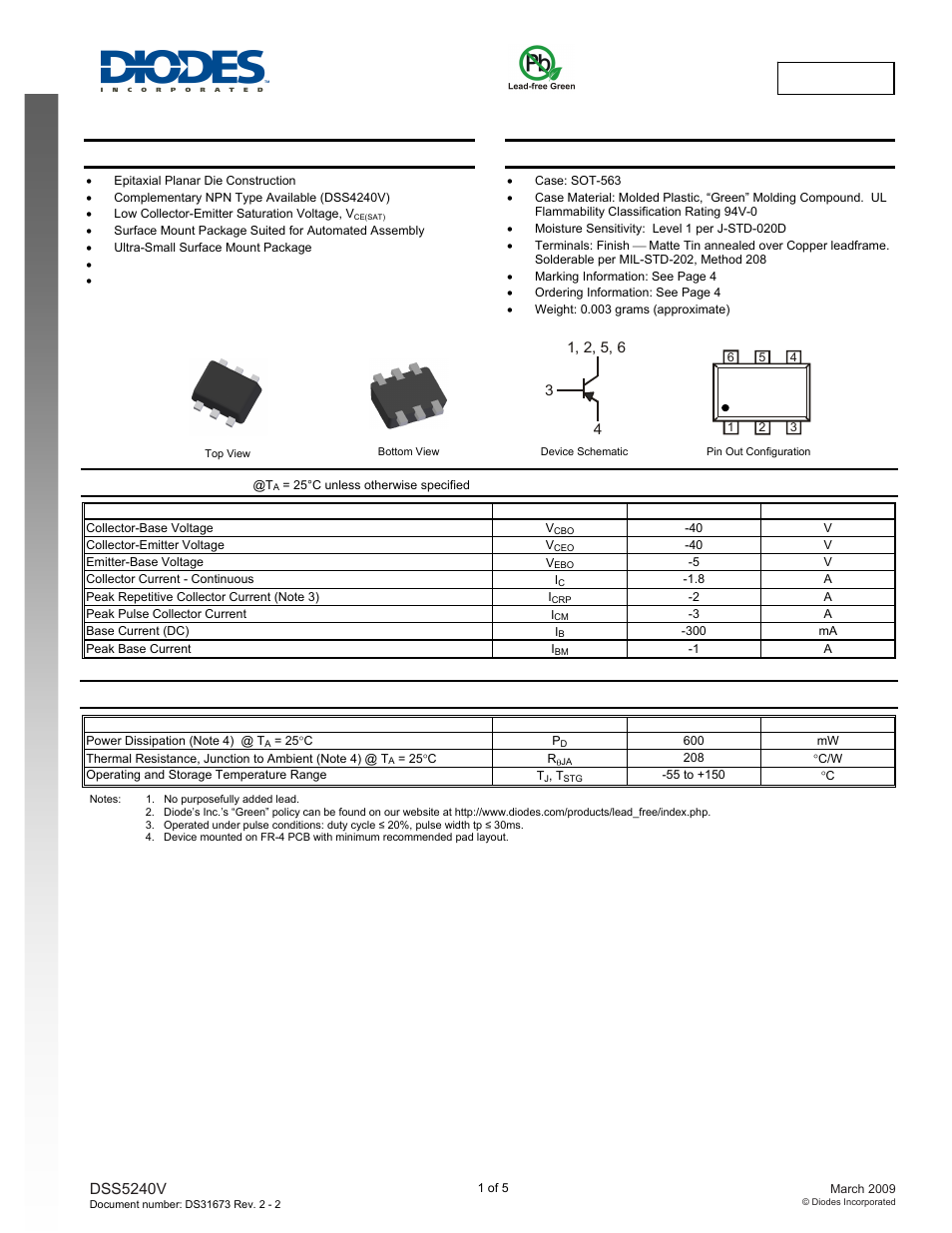 Diodes DSS5240V User Manual | 5 pages