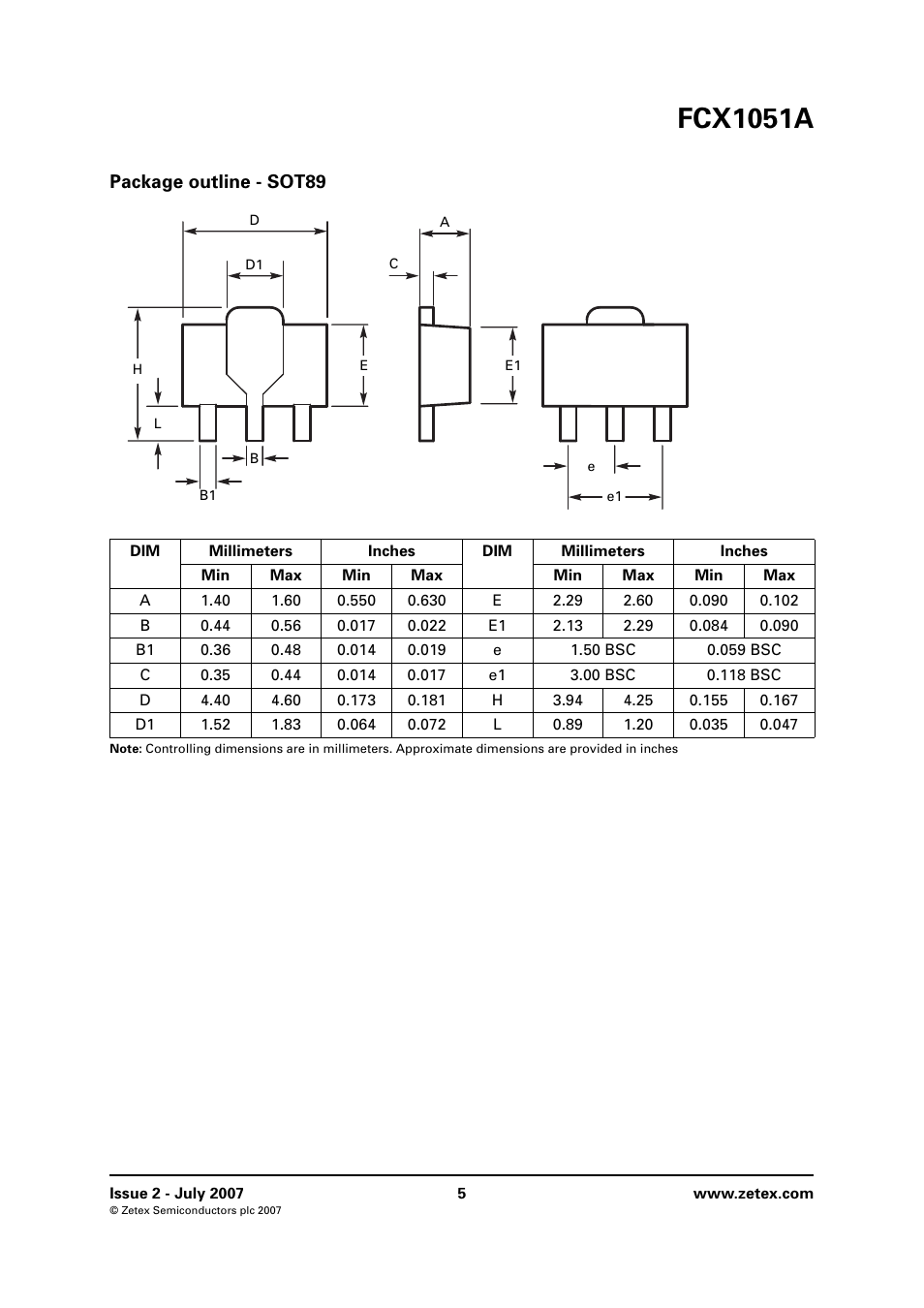 Package outline - sot89, Fcx1051a | Diodes FCX1051A User Manual | Page 5 / 6