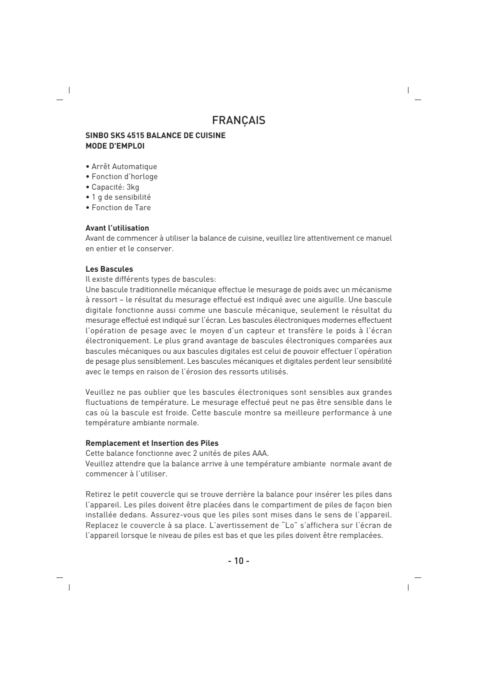 Français | SINBO SKS 4515 User Manual | Page 11 / 41