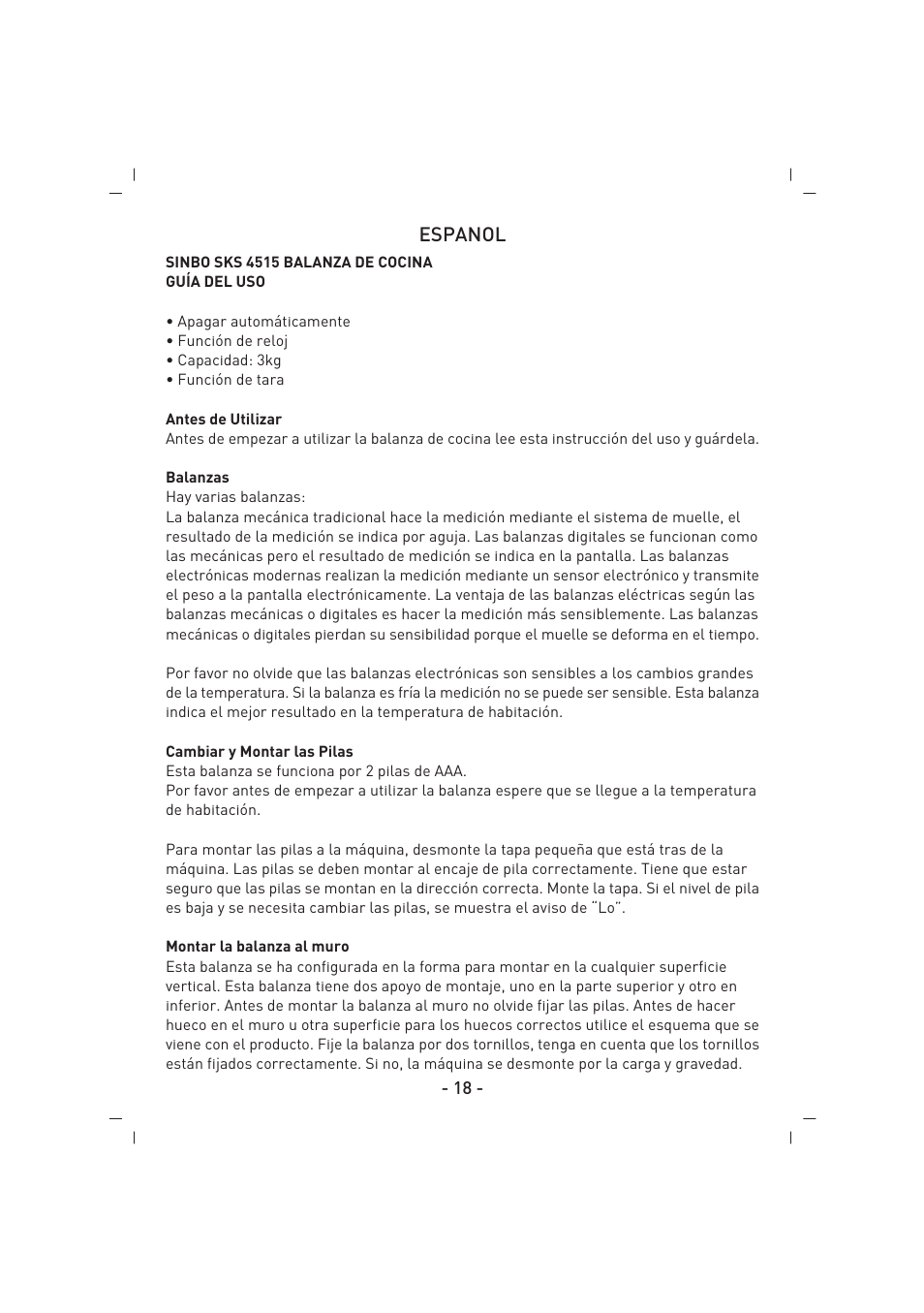 Espanol | SINBO SKS 4515 User Manual | Page 19 / 41