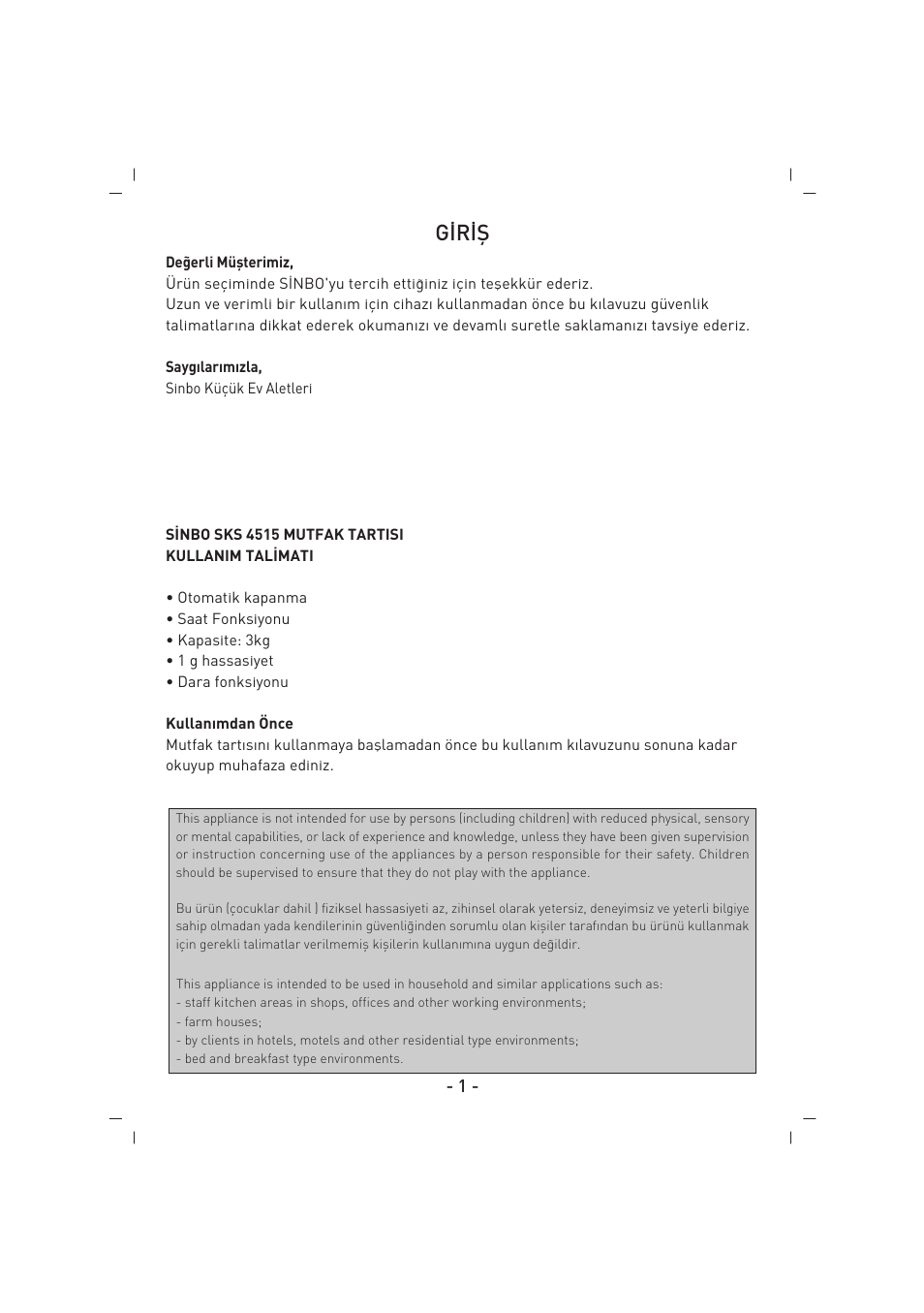 G‹r‹fi | SINBO SKS 4515 User Manual | Page 2 / 41