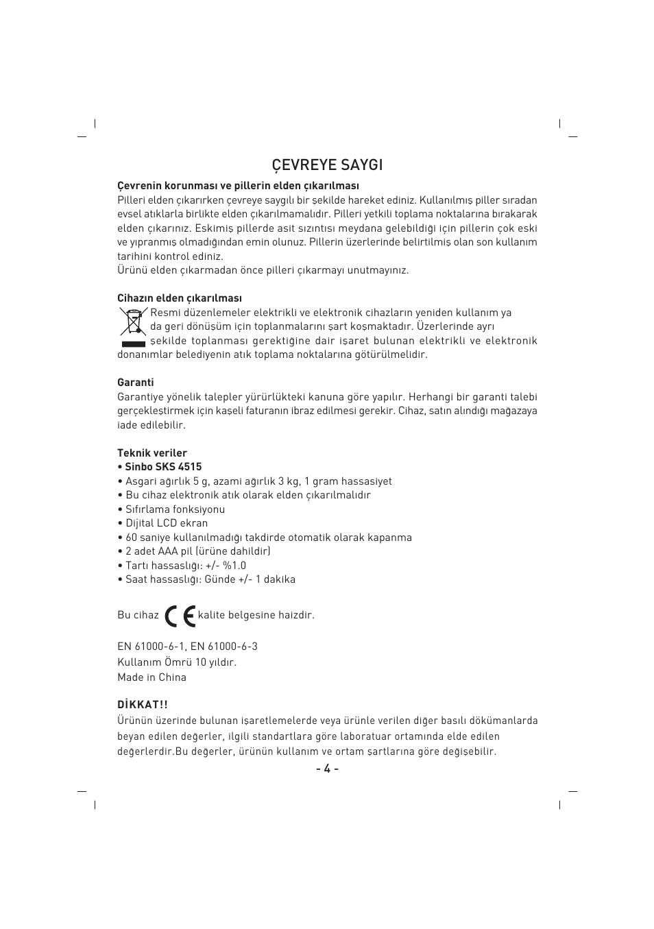 Çevreye saygi | SINBO SKS 4515 User Manual | Page 5 / 41