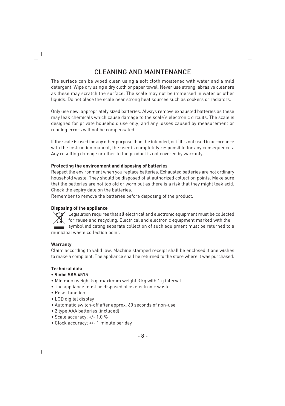 Cleaning and maintenance | SINBO SKS 4515 User Manual | Page 9 / 41