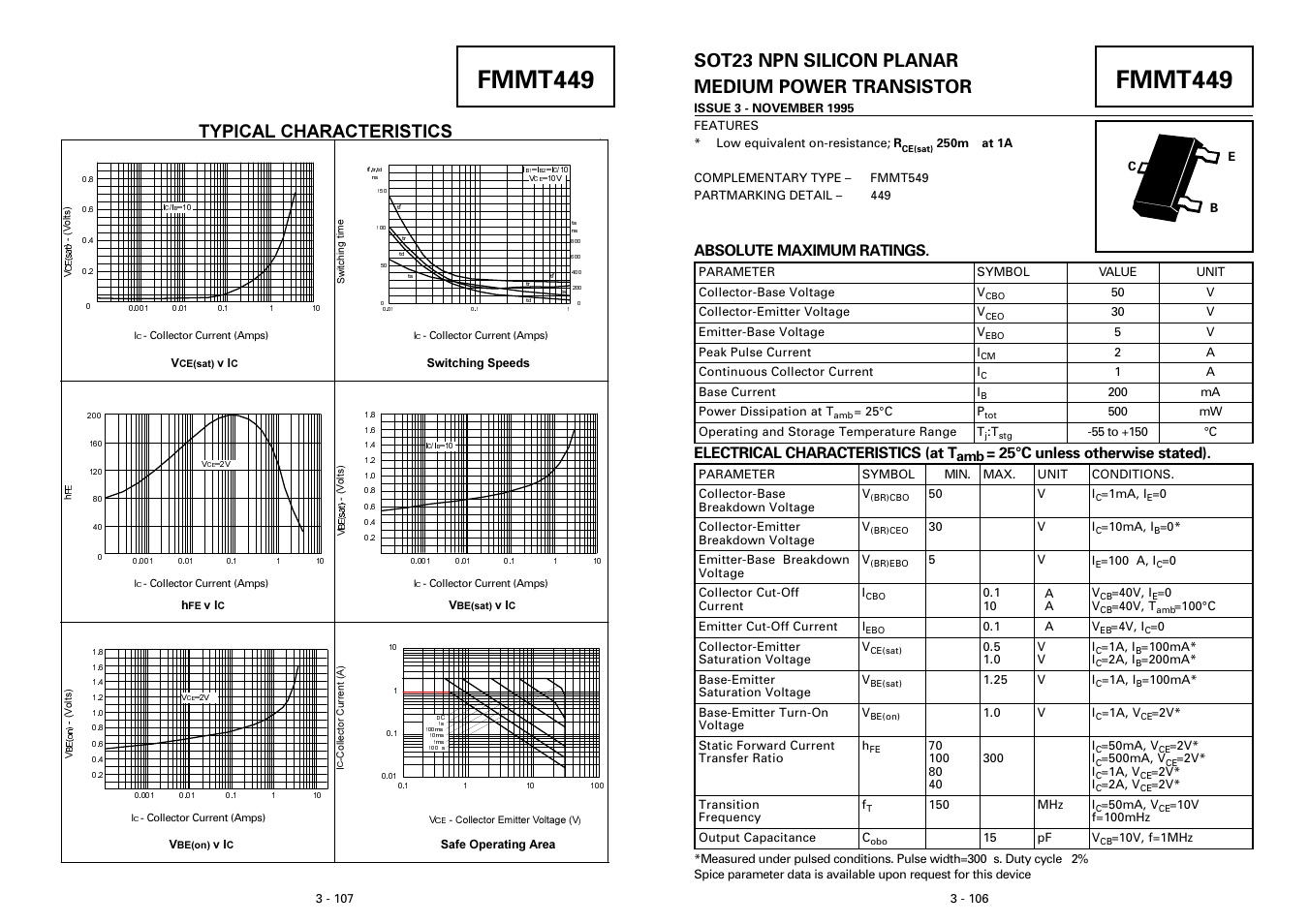 Fmmt449, Sot23 npn silicon planar medium power transistor, Typical characteristics | Absolute maximum ratings, Electrical characteristics (at t, 25°c unless otherwise stated) | Diodes FMMT449 User Manual | Page 2 / 2