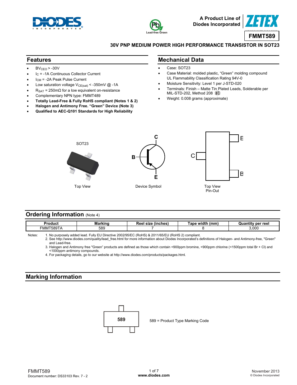 Diodes FMMT589 User Manual | 7 pages