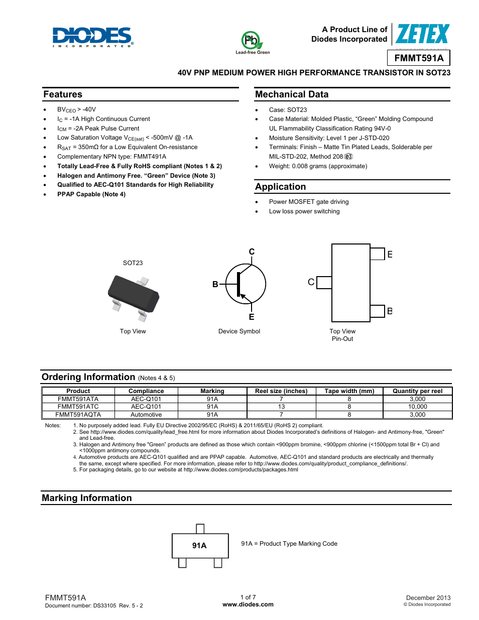 Diodes FMMT591A User Manual | 7 pages