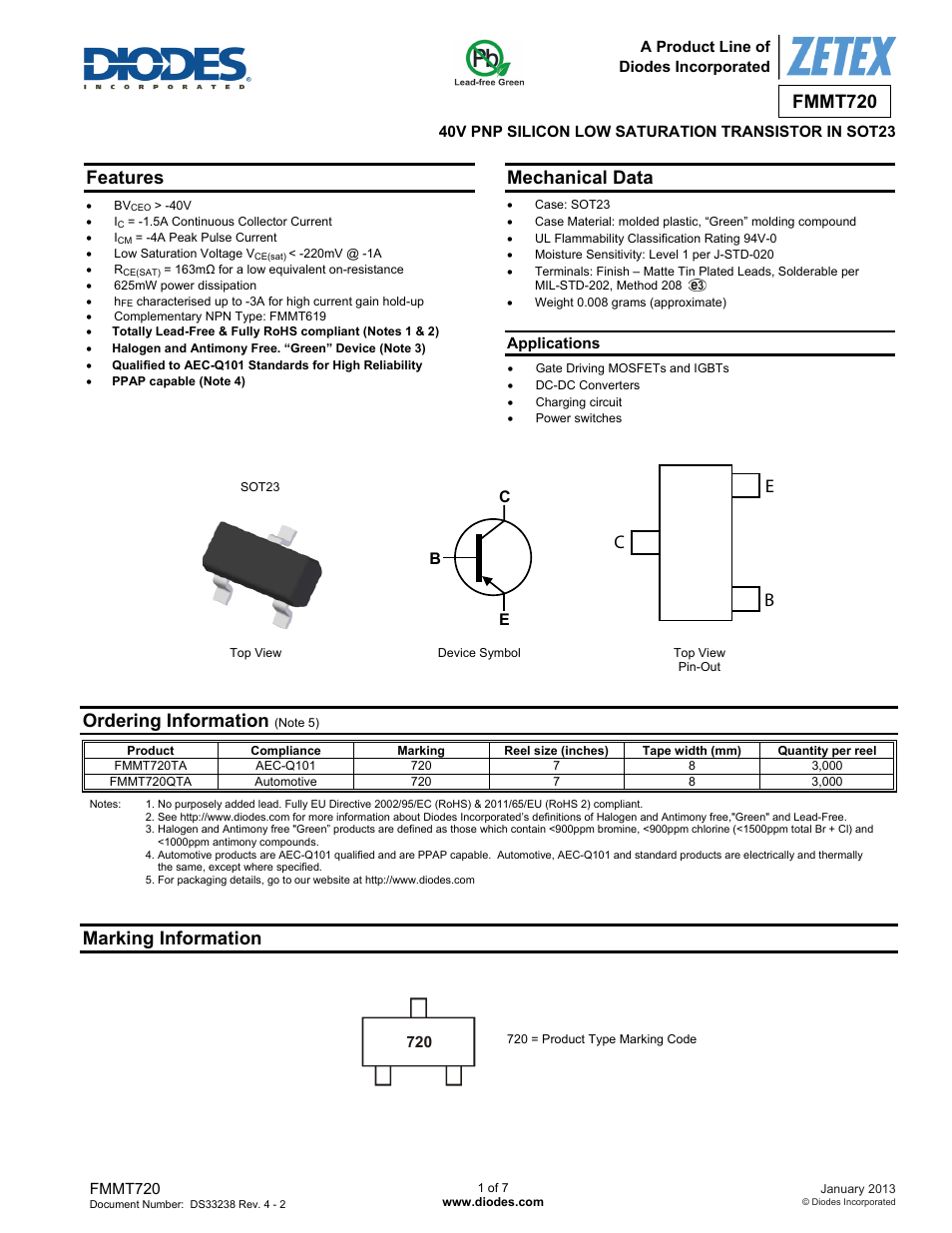 Diodes FMMT720 User Manual | 7 pages