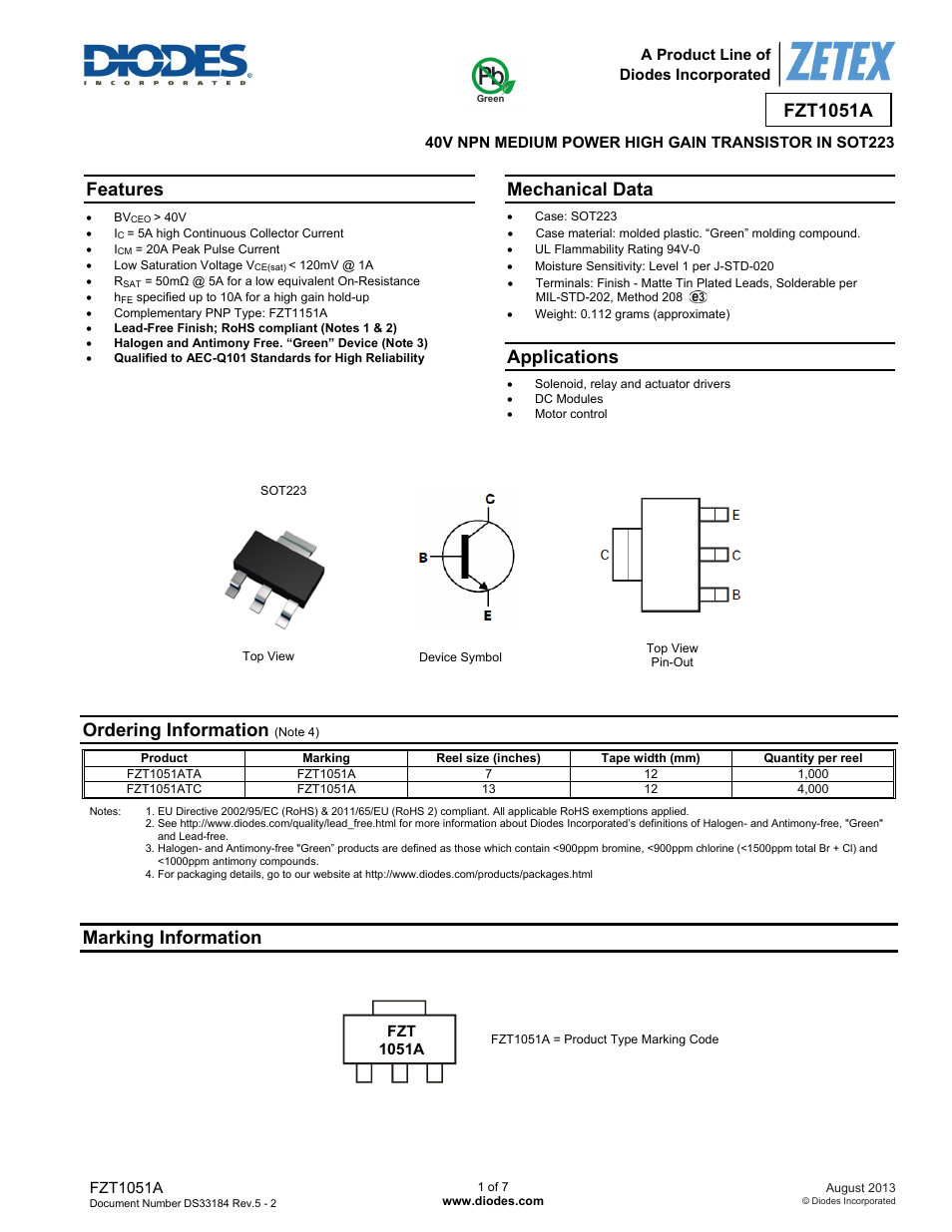 Diodes FZT1051 User Manual | 7 pages