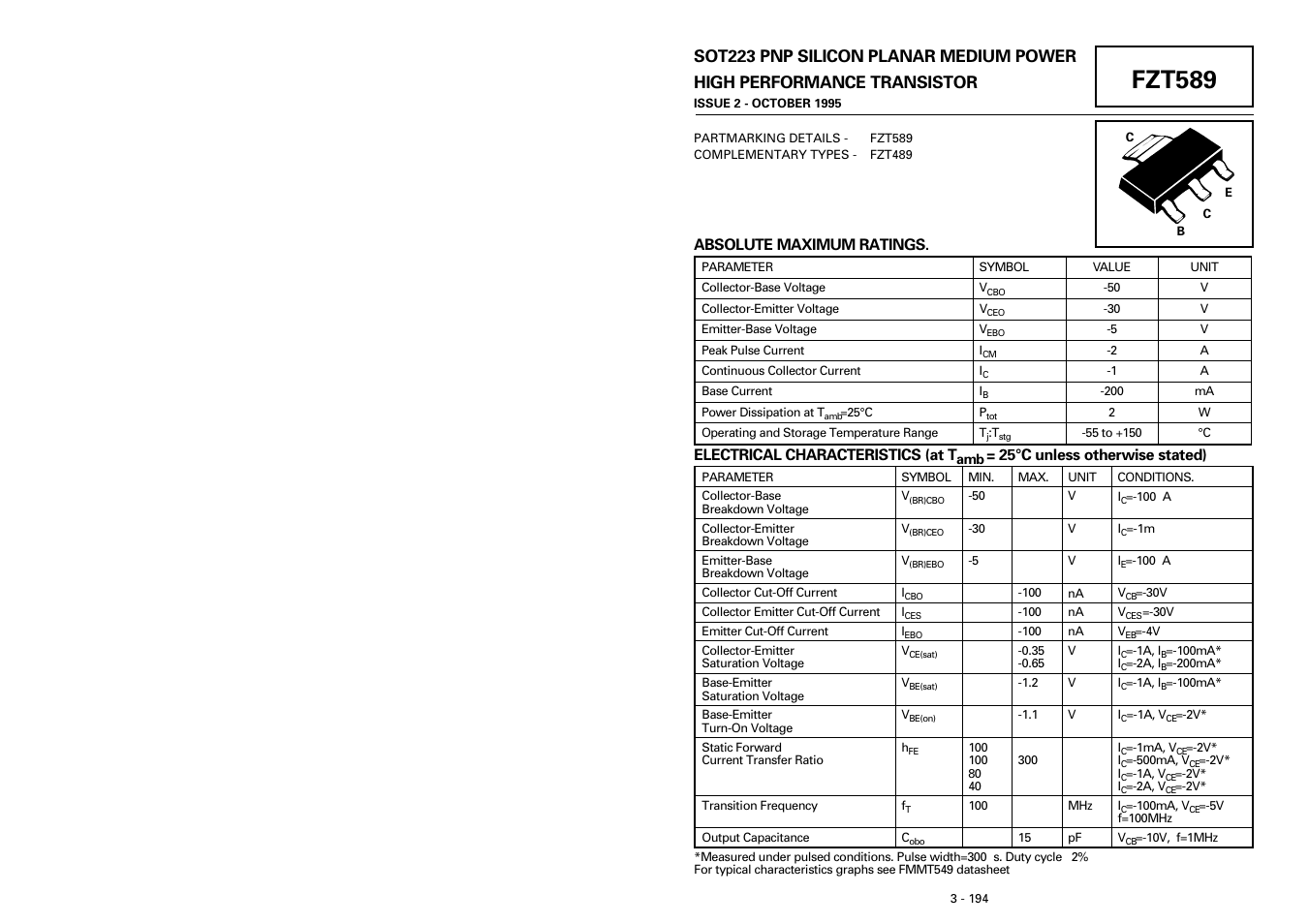 Diodes FZT589 User Manual | 1 page