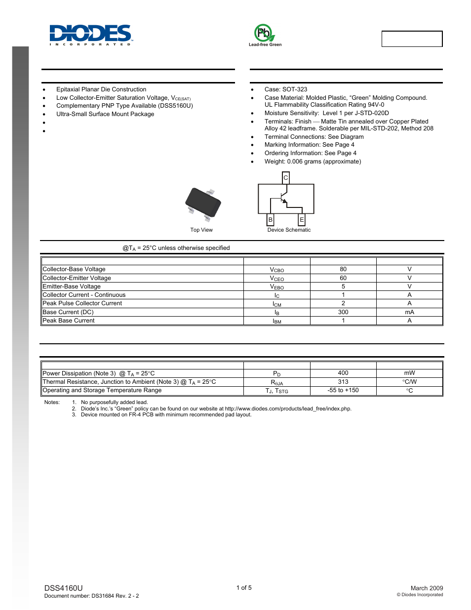 Diodes DSS4160U User Manual | 5 pages