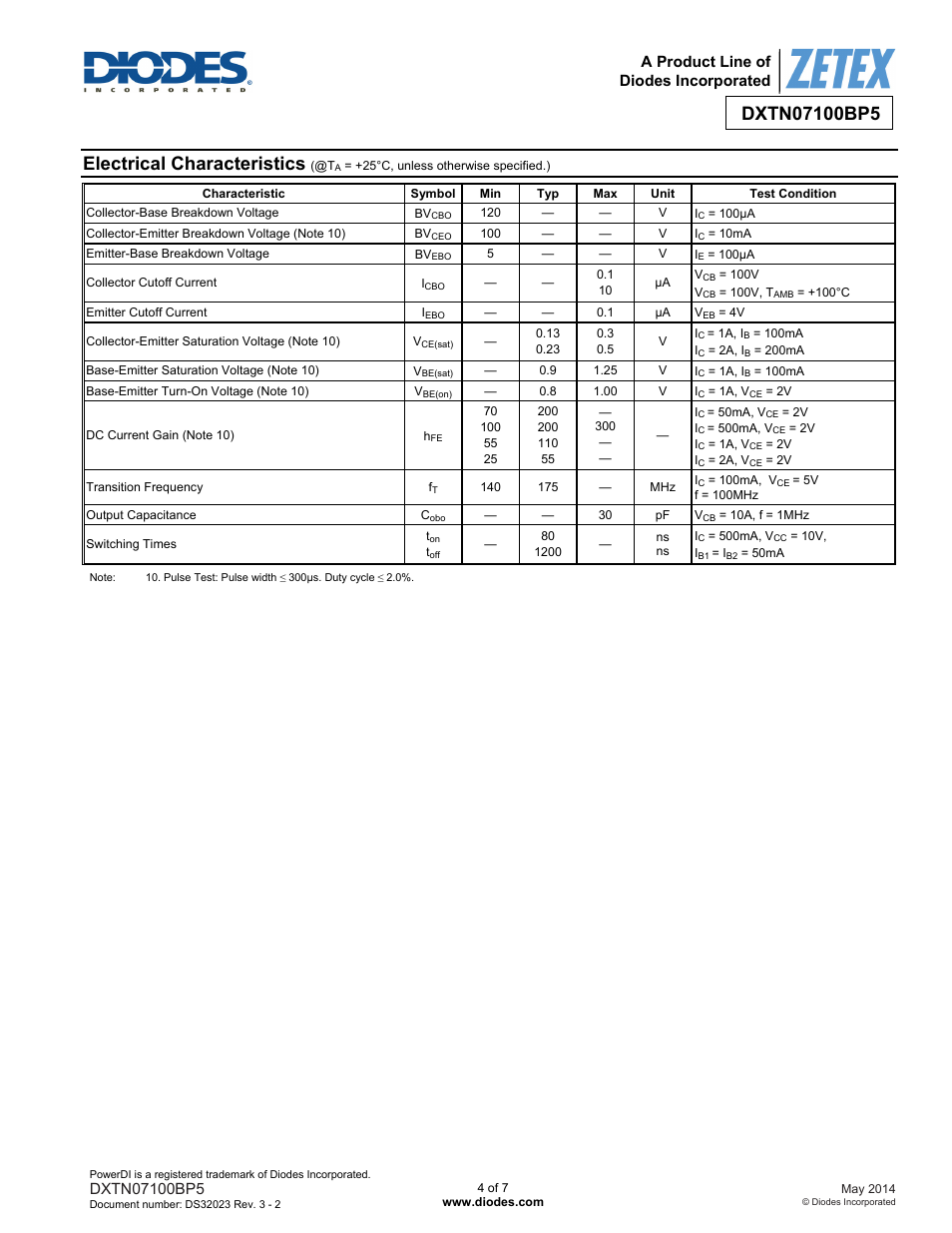 Electrical characteristics | Diodes DXTN07100BP5 User Manual | Page 4 / 7