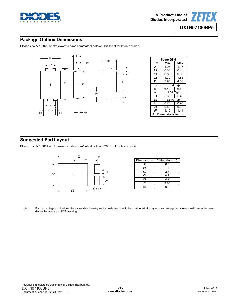 Package outline dimensions, Suggested pad layout | Diodes DXTN07100BP5 User Manual | Page 6 / 7