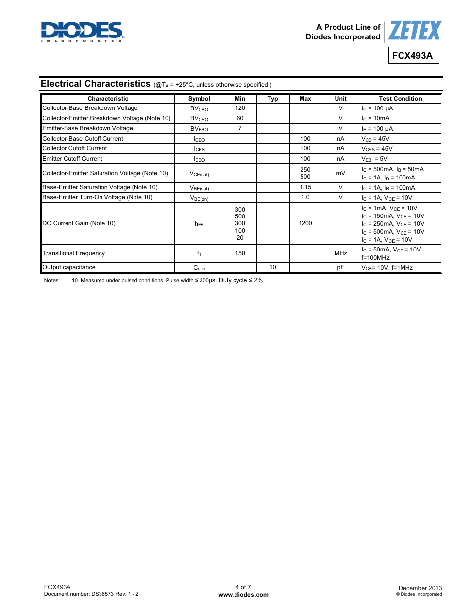 Fcx493a, Electrical characteristics, A product line of diodes incorporated | Diodes FCX493A User Manual | Page 4 / 7