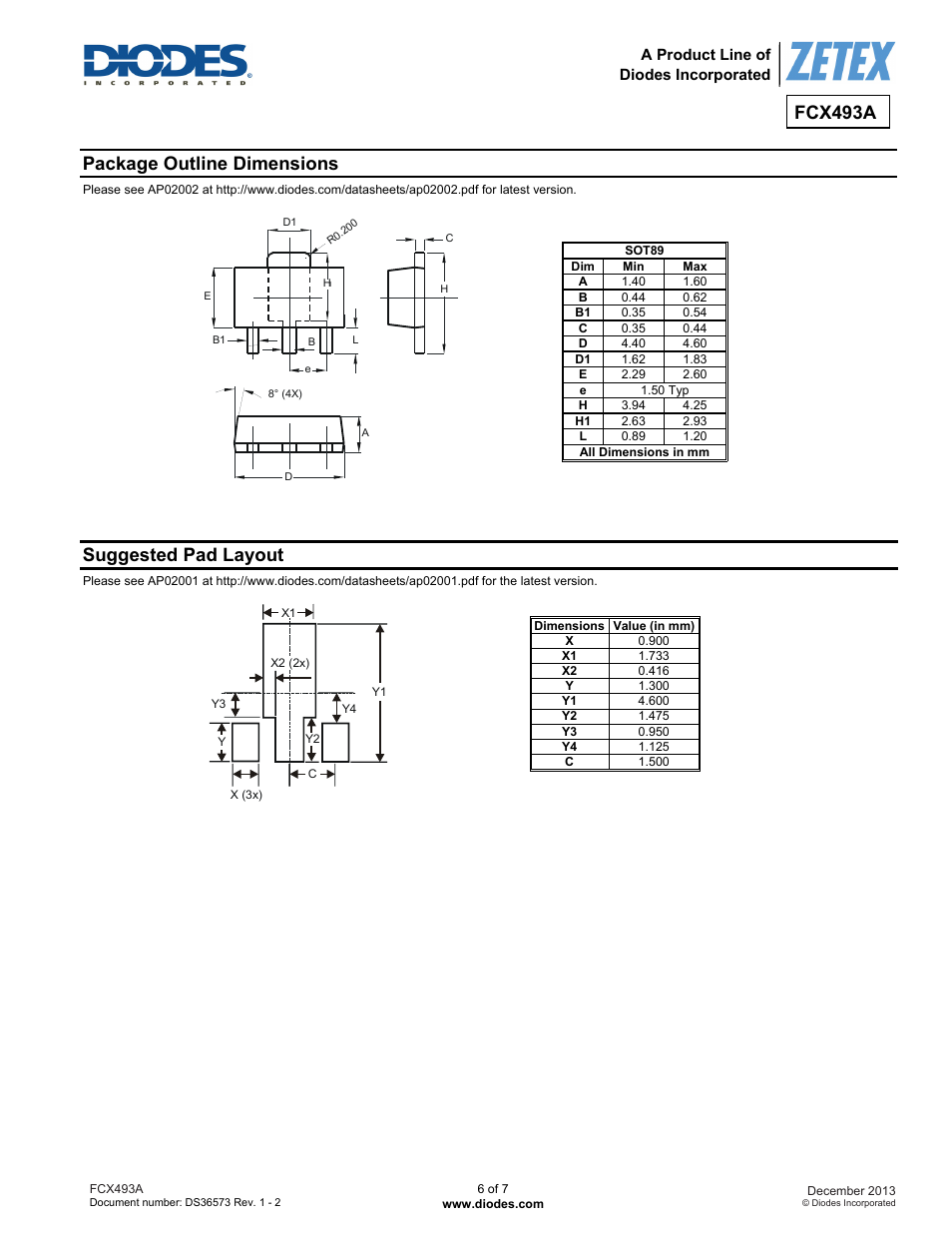 Fcx493a, Package outline dimensions, Suggested pad layout | Diodes FCX493A User Manual | Page 6 / 7