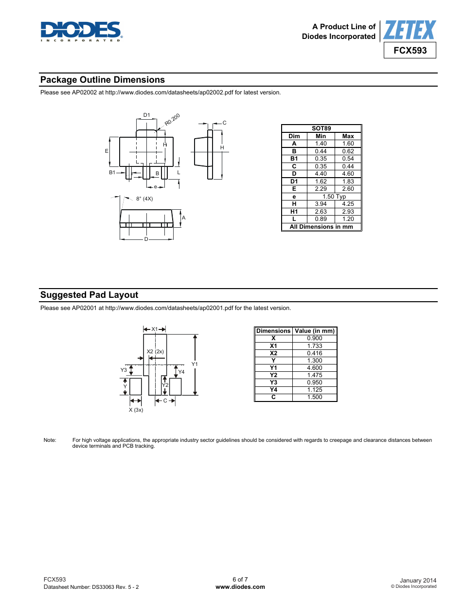 Fcx593, Package outline dimensions, Suggested pad layout | Diodes FCX593 User Manual | Page 6 / 7