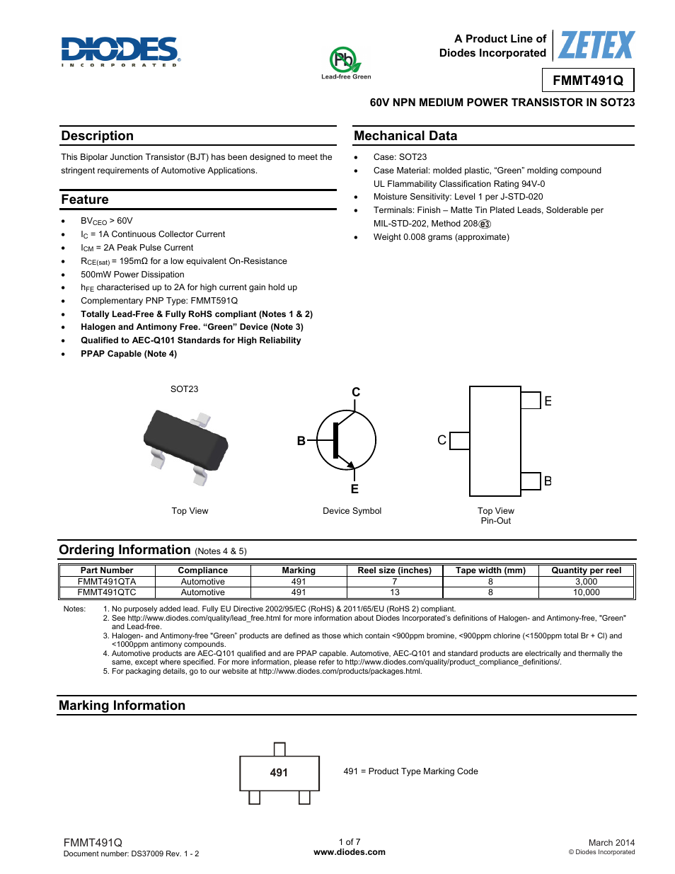 Diodes FMMT491Q User Manual | 7 pages
