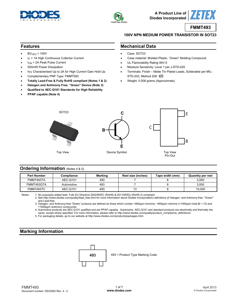 Diodes FMMT493 User Manual | 7 pages