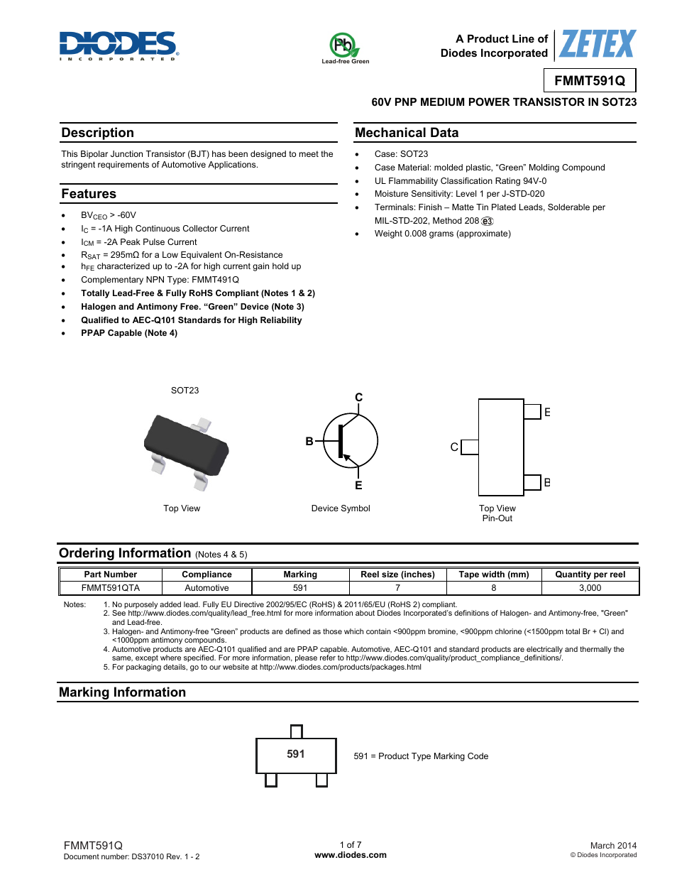 Diodes FMMT591Q User Manual | 7 pages