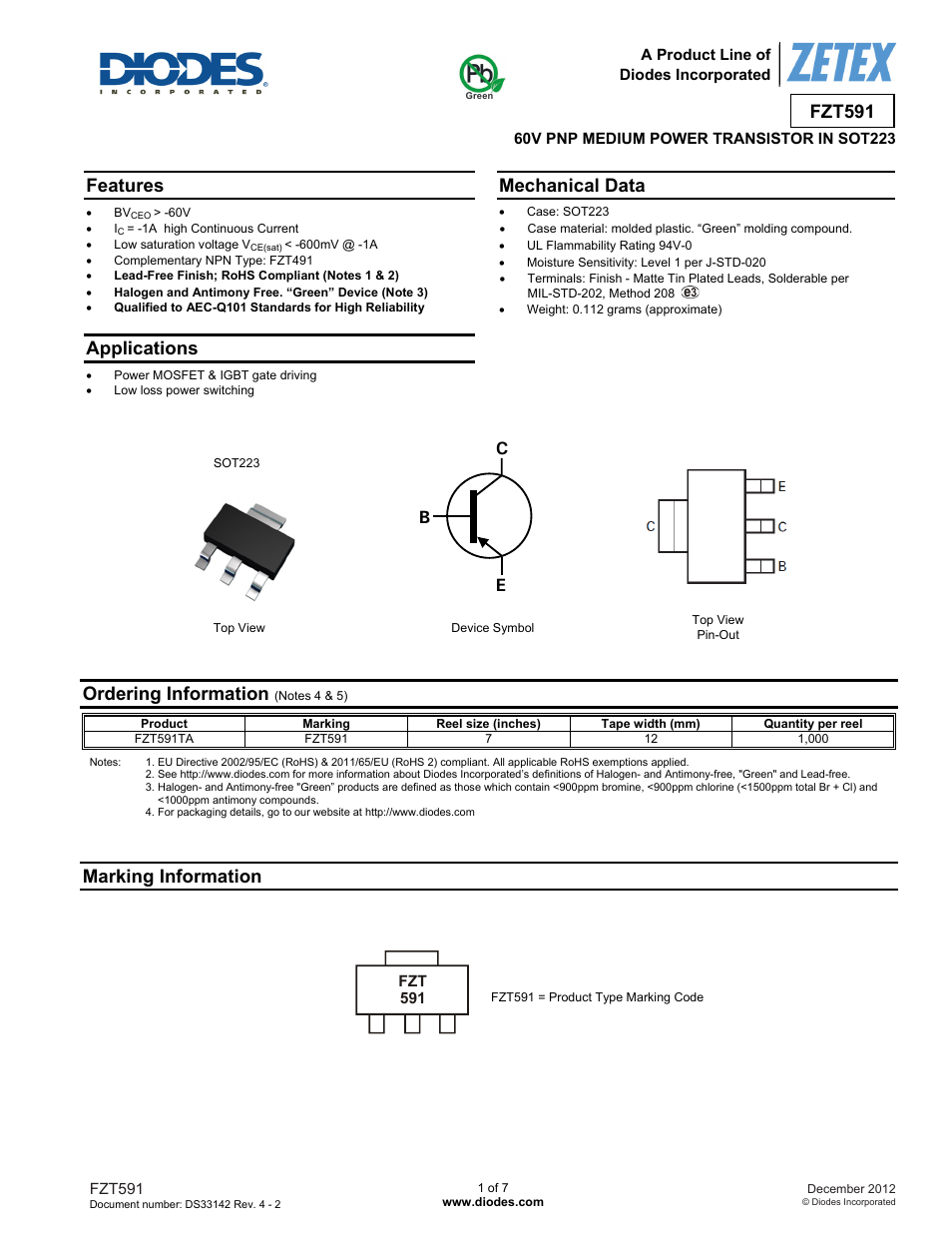 Diodes FZT591 User Manual | 7 pages