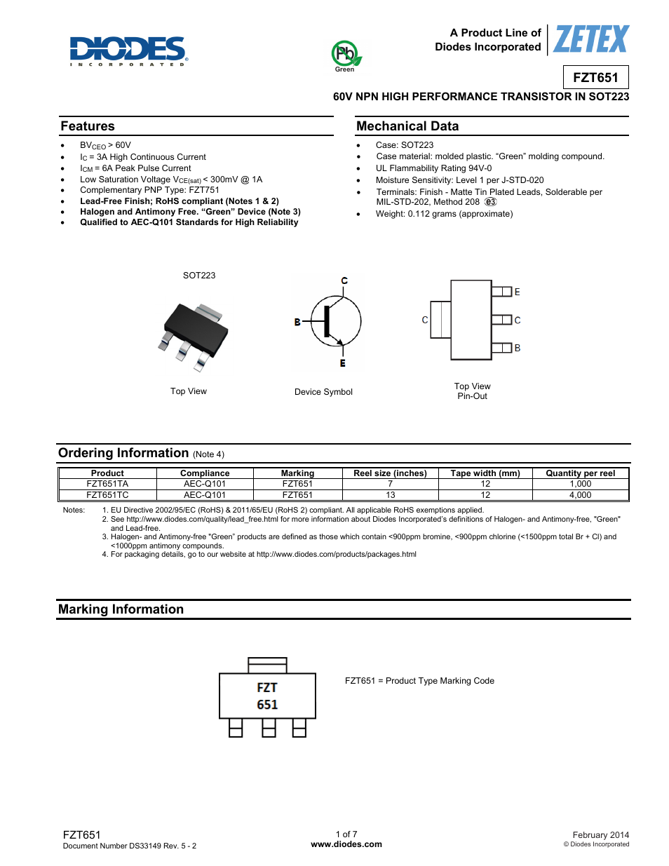 Diodes FZT651 User Manual | 7 pages