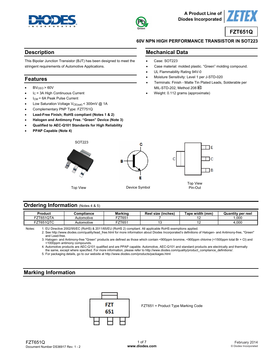 Diodes FZT651Q User Manual | 7 pages