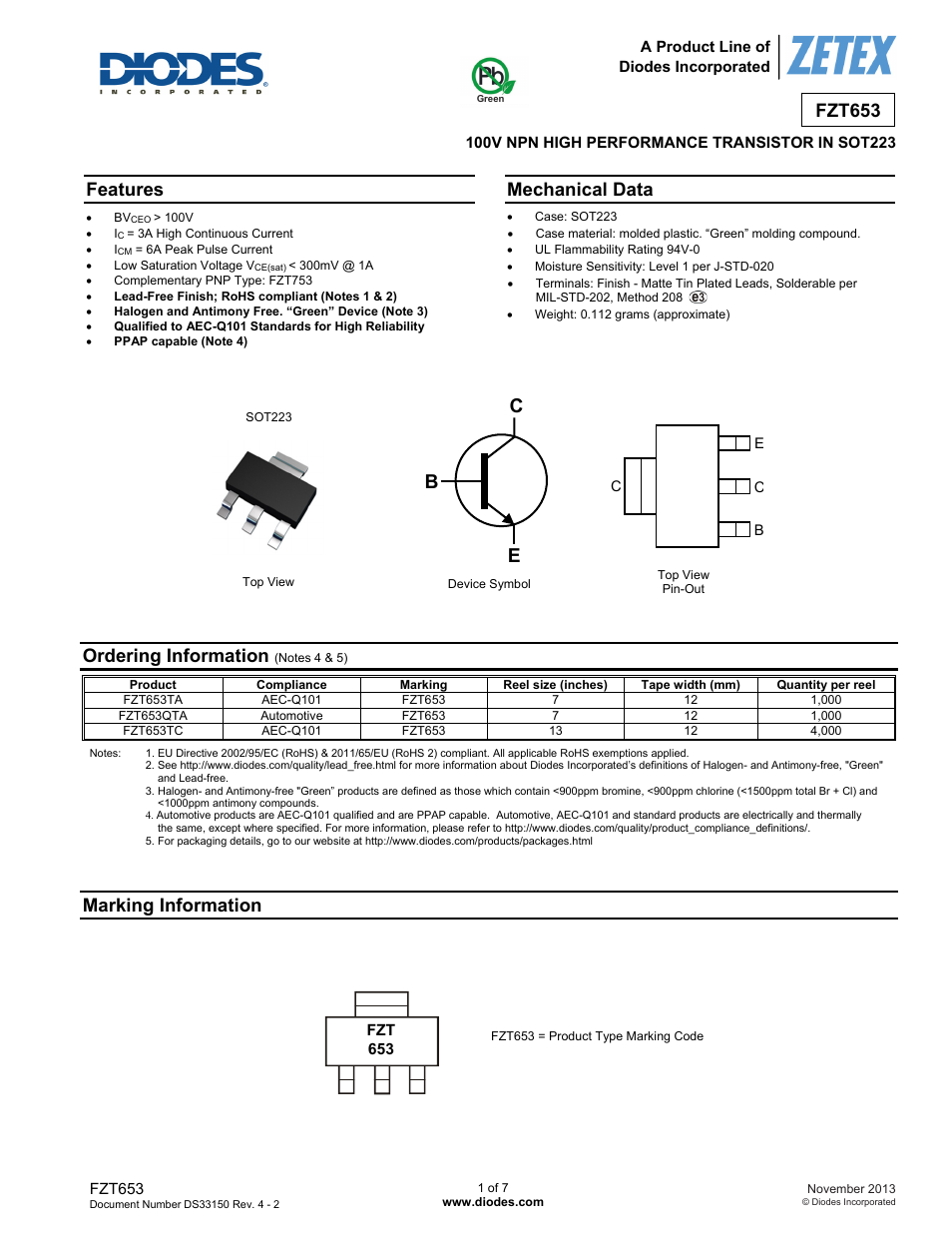 Diodes FZT653 User Manual | 7 pages