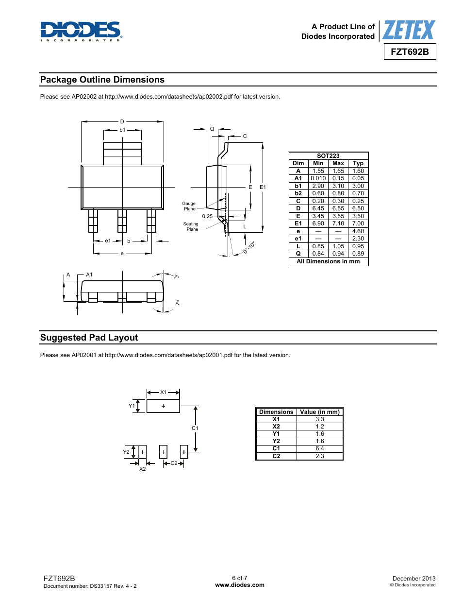 Fzt692b, Package outline dimensions, Suggested pad layout | Diodes FZT692B User Manual | Page 6 / 7