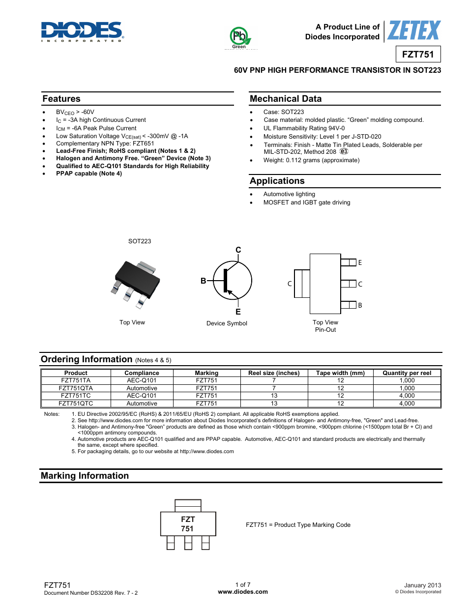 Diodes FZT751 User Manual | 7 pages