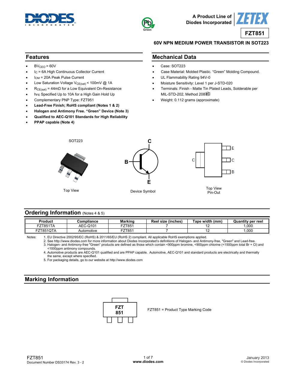 Diodes FZT851 User Manual | 7 pages