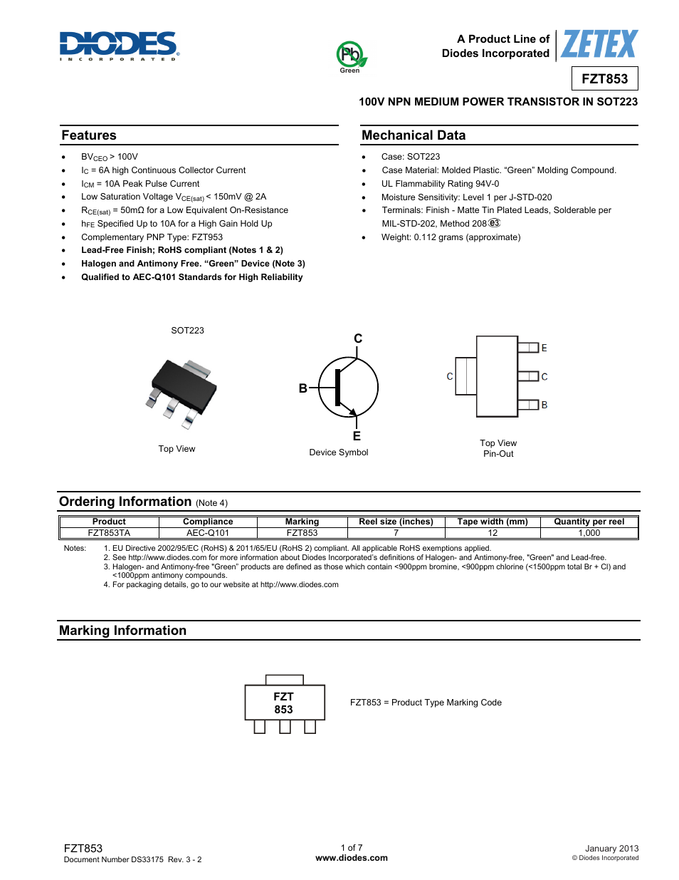 Diodes FZT853 User Manual | 7 pages