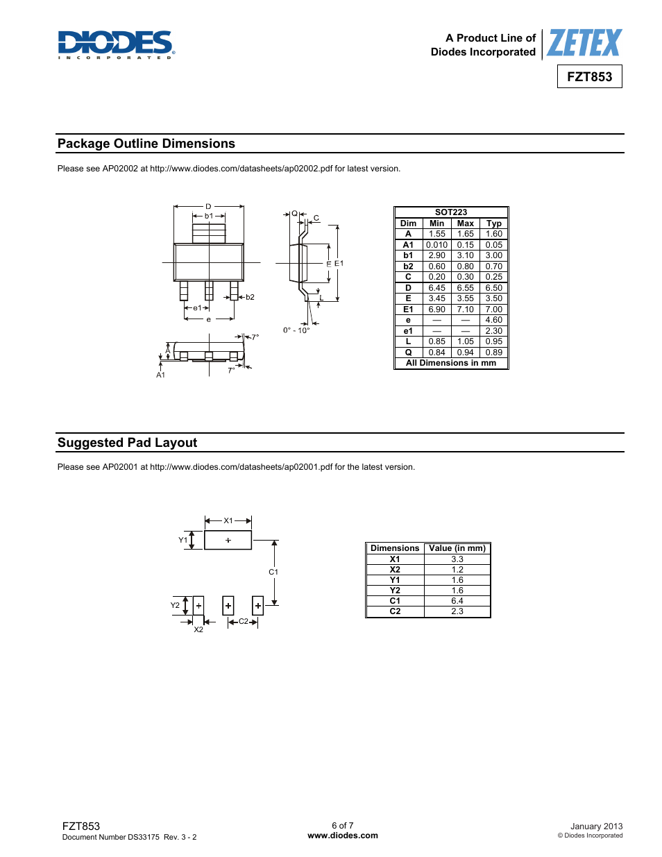 Fzt853, Package outline dimensions, Suggested pad layout | Diodes FZT853 User Manual | Page 6 / 7