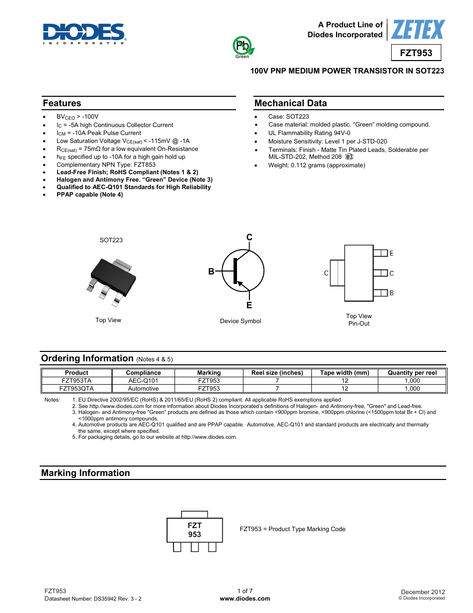 Diodes FZT953 User Manual | 7 pages