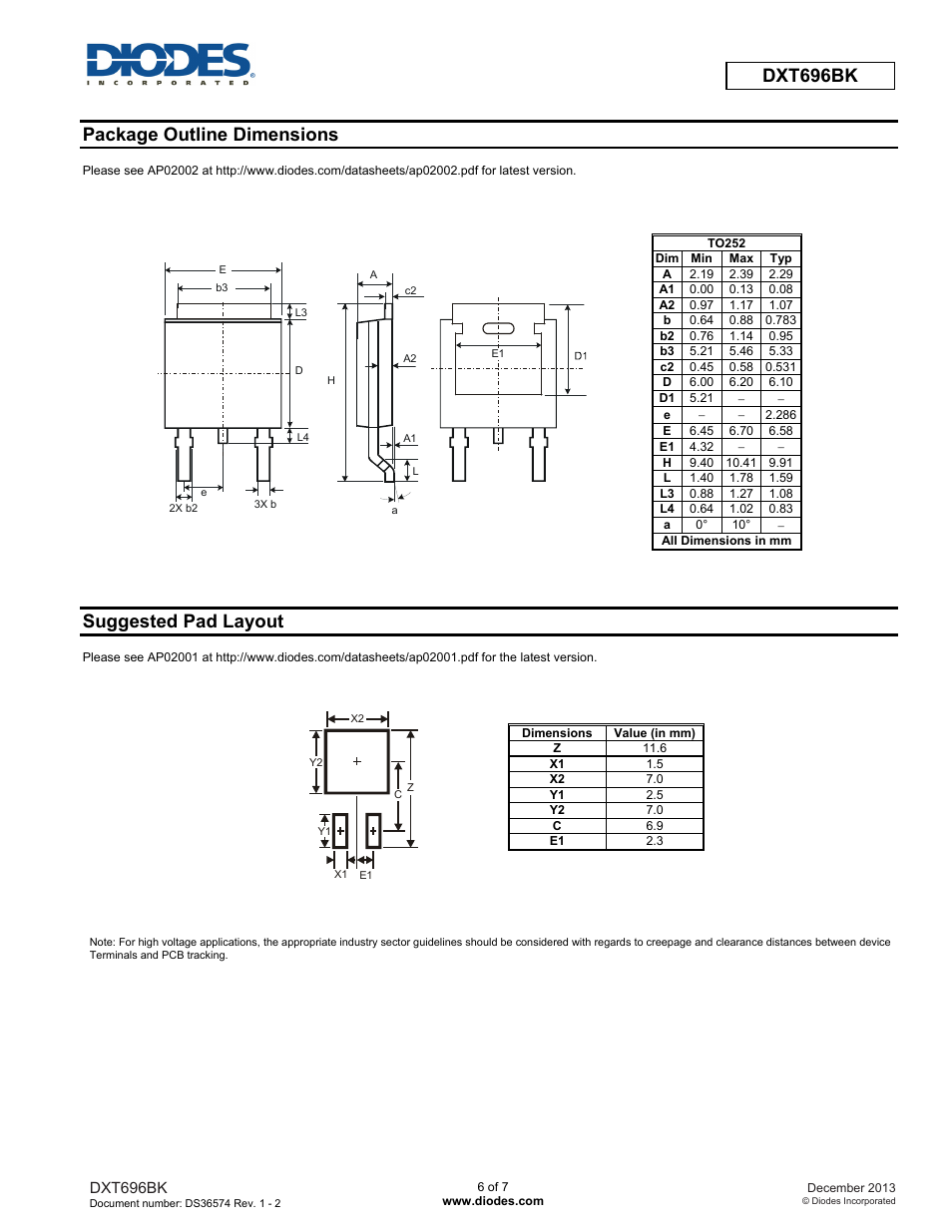 Dxt696bk, Package outline dimensions, Suggested pad layout | Diodes DXT696BK User Manual | Page 6 / 7