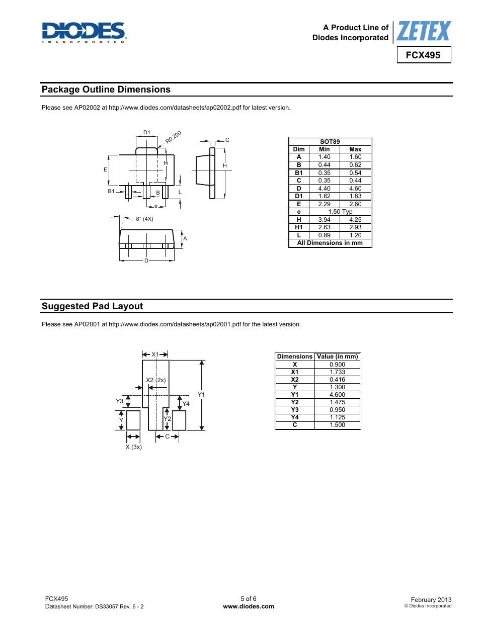 Fcx495, Package outline dimensions, Suggested pad layout | Diodes FCX495 User Manual | Page 5 / 6