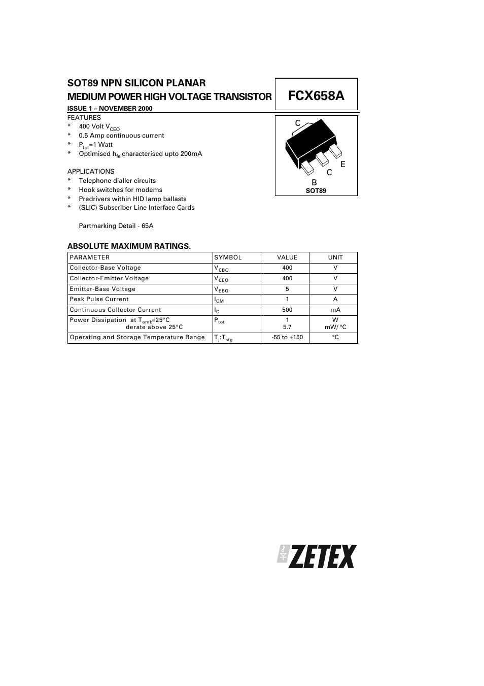 Diodes FCX658A User Manual | 4 pages