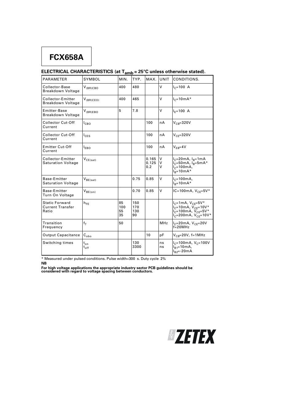 Fcx658a, Electrical characteristics (at t, 25°c unless otherwise stated) | Diodes FCX658A User Manual | Page 2 / 4