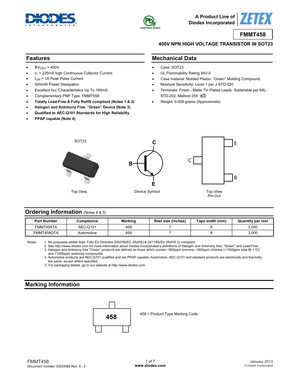 Diodes FMMT458 User Manual | 7 pages