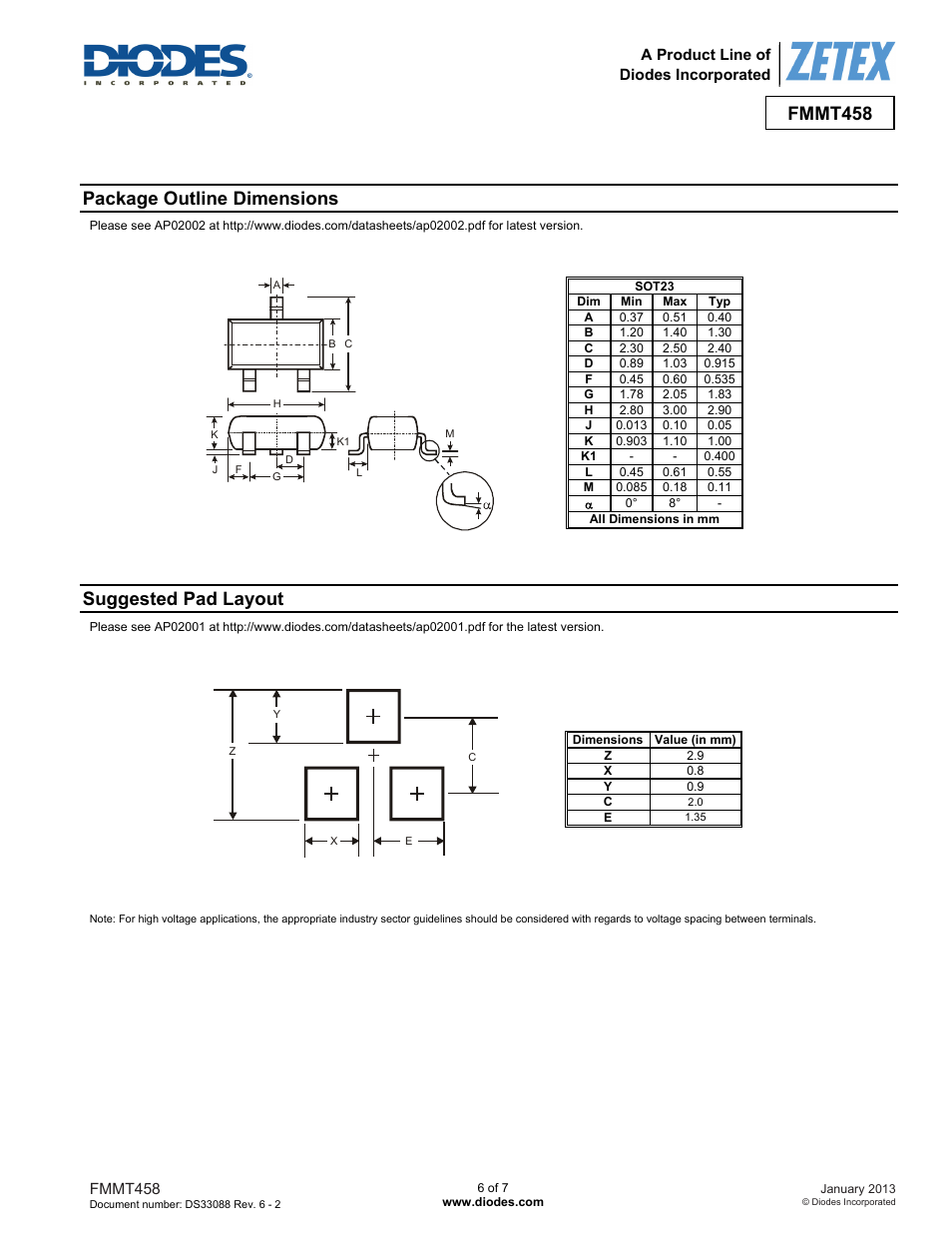 Fmmt458, Package outline dimensions, Suggested pad layout | Diodes FMMT458 User Manual | Page 6 / 7