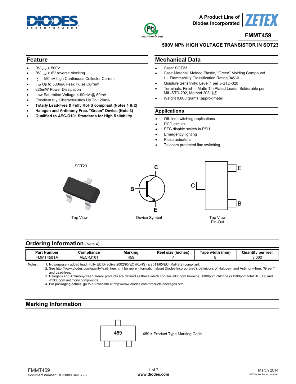 Diodes FMMT459 User Manual | 7 pages