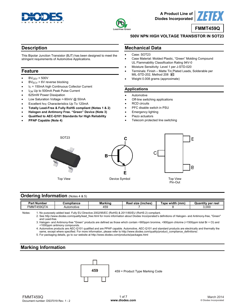Diodes FMMT459Q User Manual | 7 pages