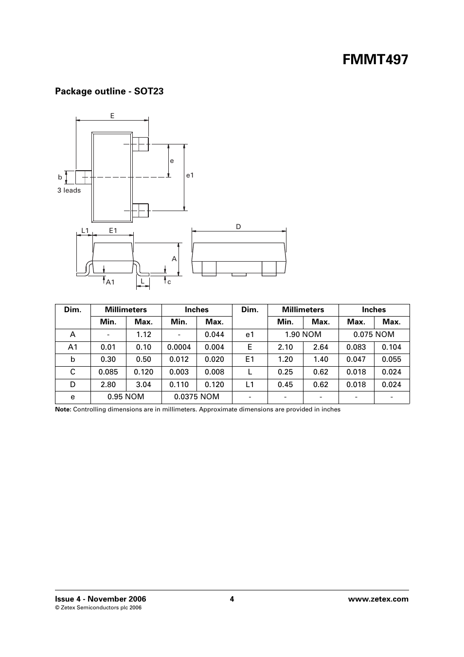 Fmmt497, Package outline - sot23 | Diodes FMMT497 User Manual | Page 4 / 6