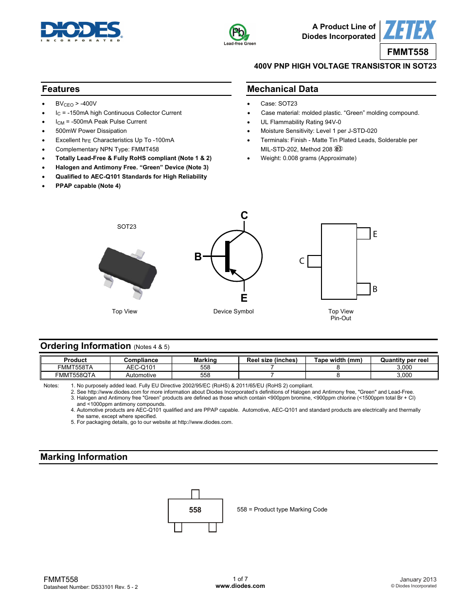 Diodes FMMT558 User Manual | 7 pages