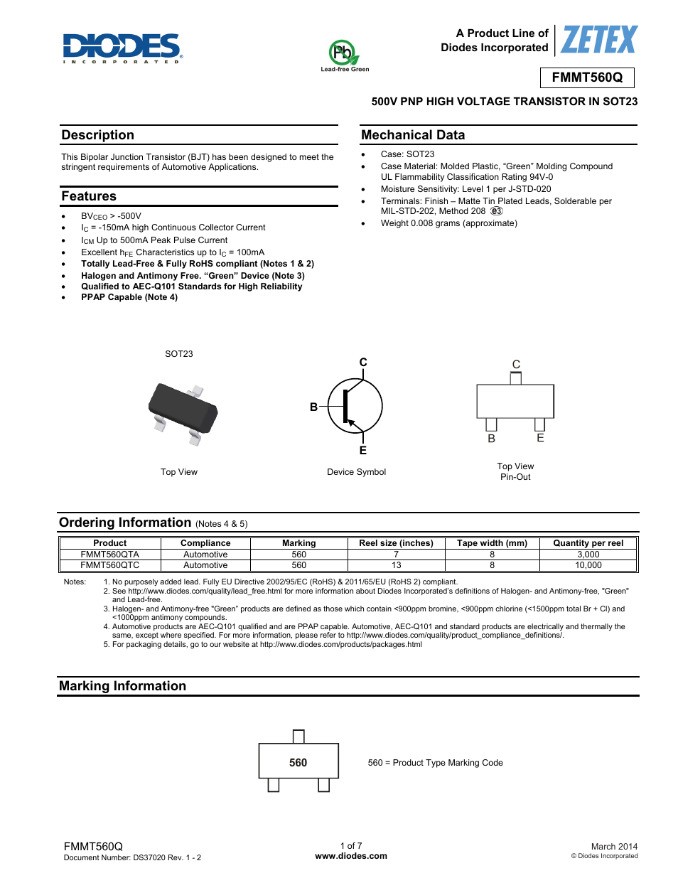 Diodes FMMT560Q User Manual | 7 pages