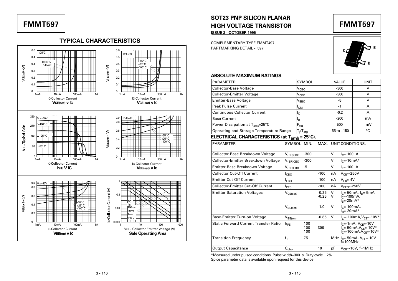 Fmmt597, Sot23 pnp silicon planar high voltage transistor, Typical characteristics | Absolute maximum ratings, Electrical characteristics (at t, 25°c) | Diodes FMMT597 User Manual | Page 2 / 2